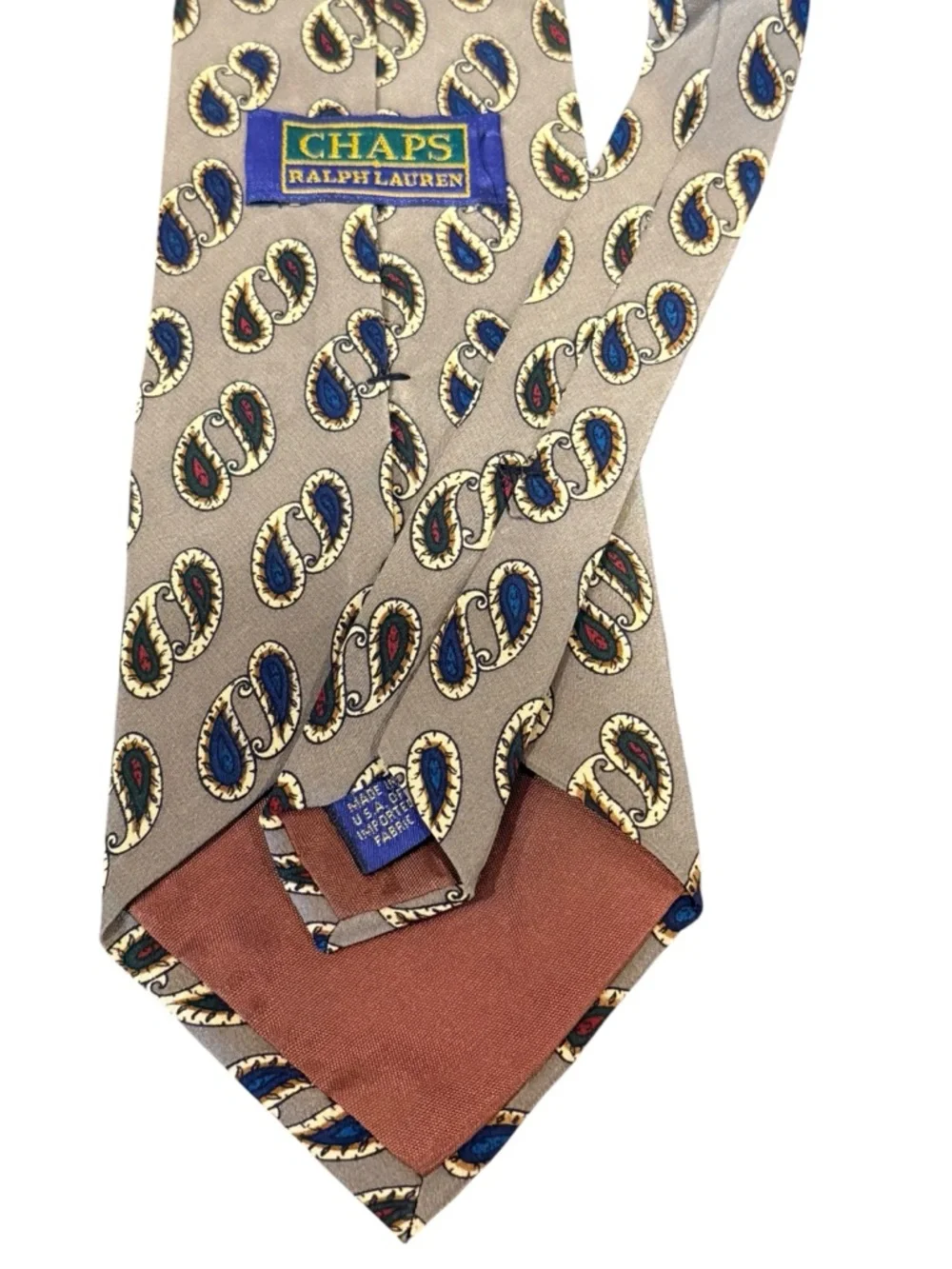 Vintage Chaps Ralph Lauren Silk Tie Taupe Navy Medallion Paisley Print USA